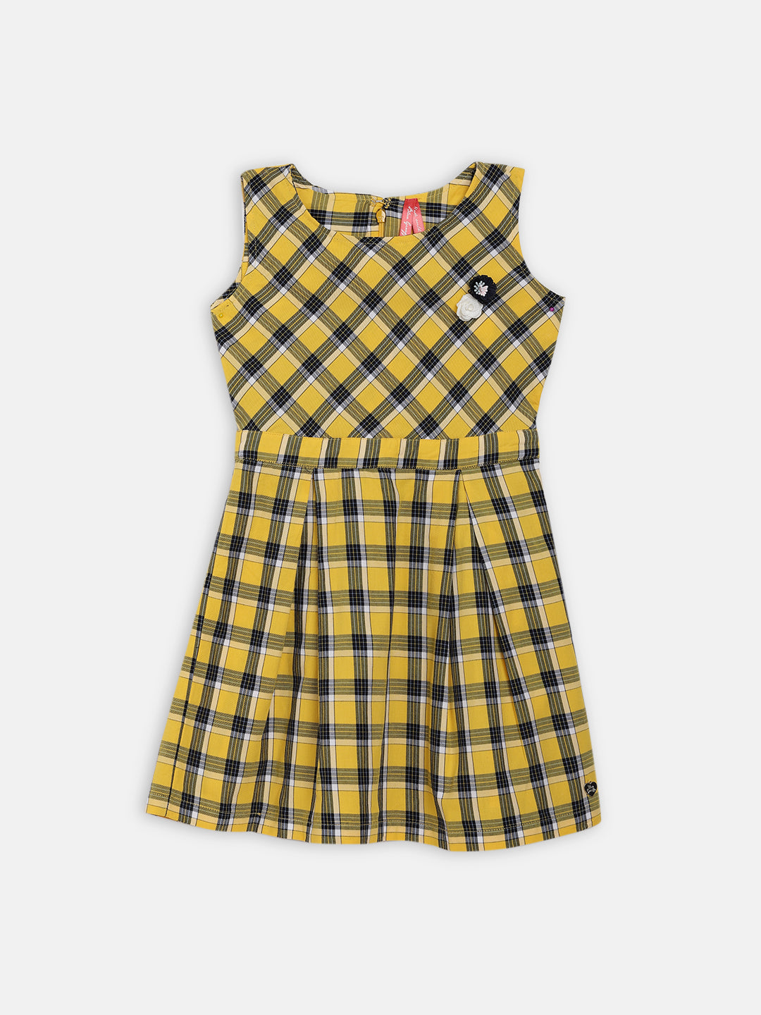 Blue Giraffe Girls Yellow Checked Round Neck Dress