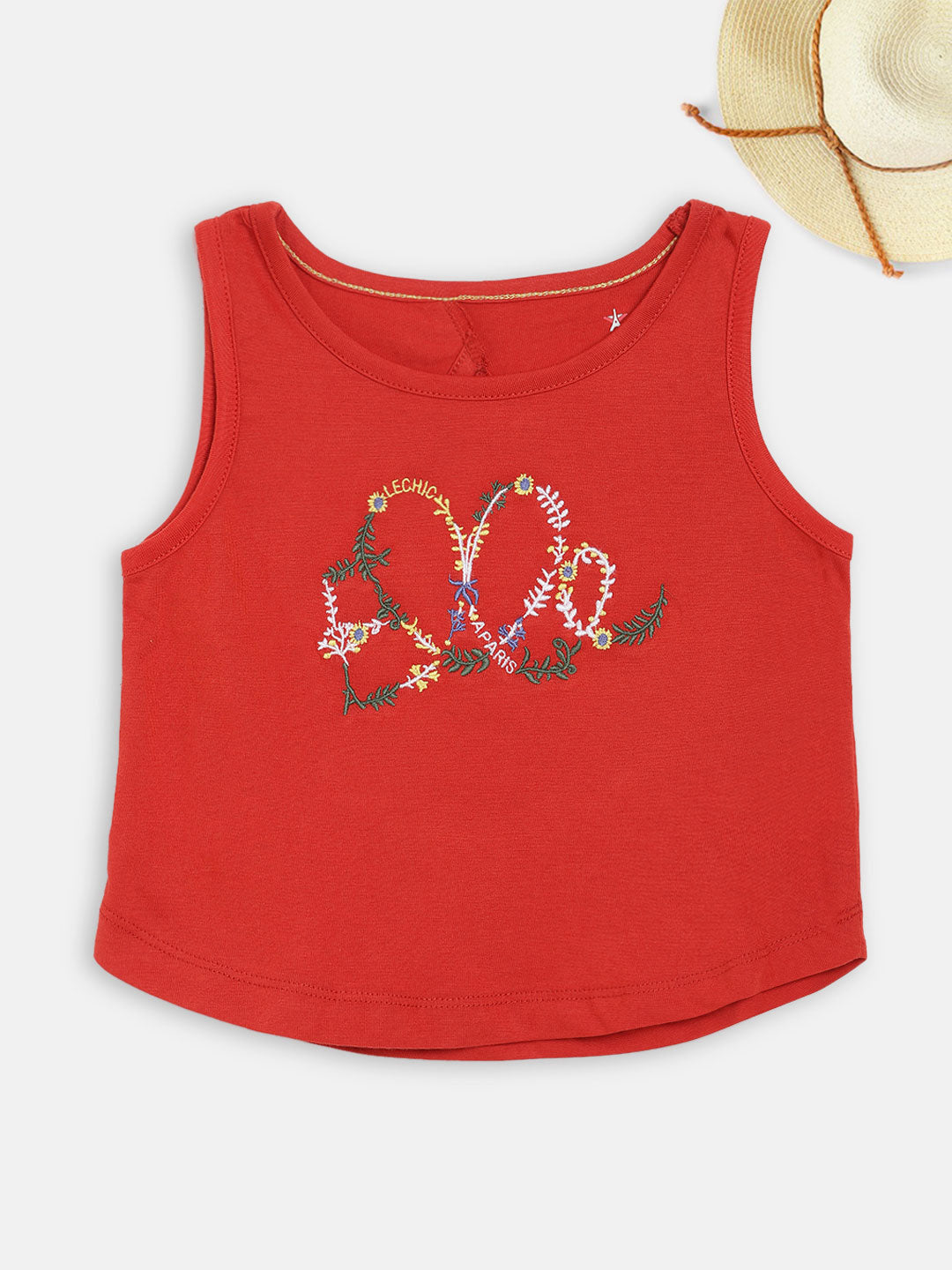 Elle Kids Girls Red Embroidered Round Neck Top