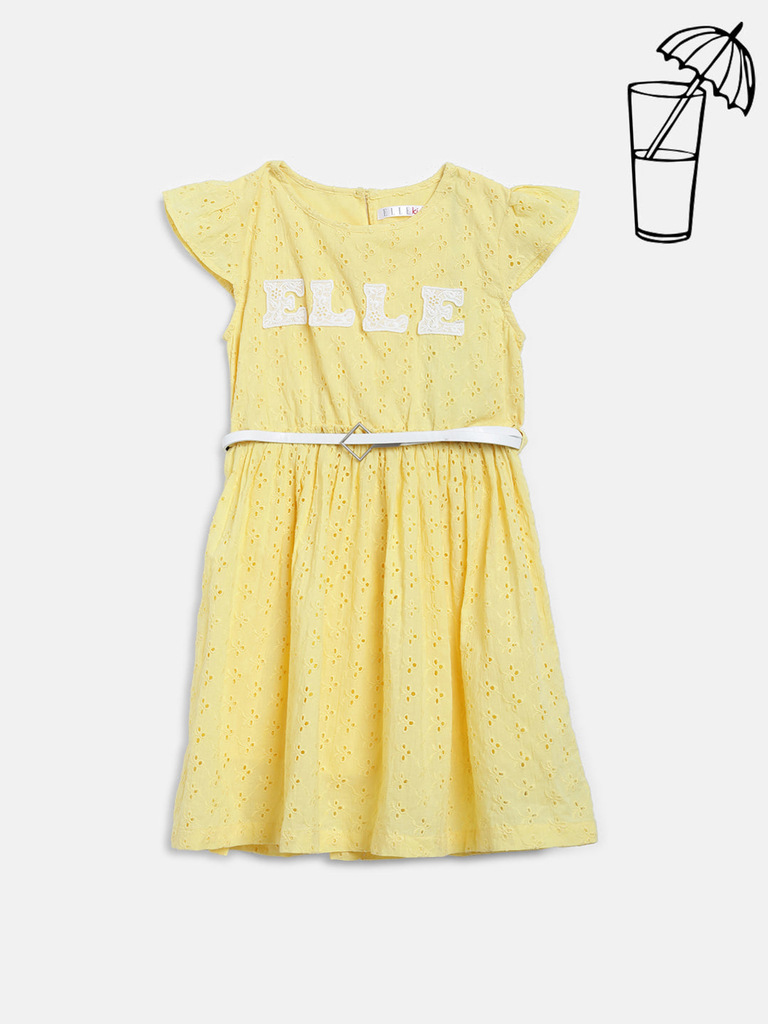 Elle Kids Girls Yellow Self - Design Round Neck Dress