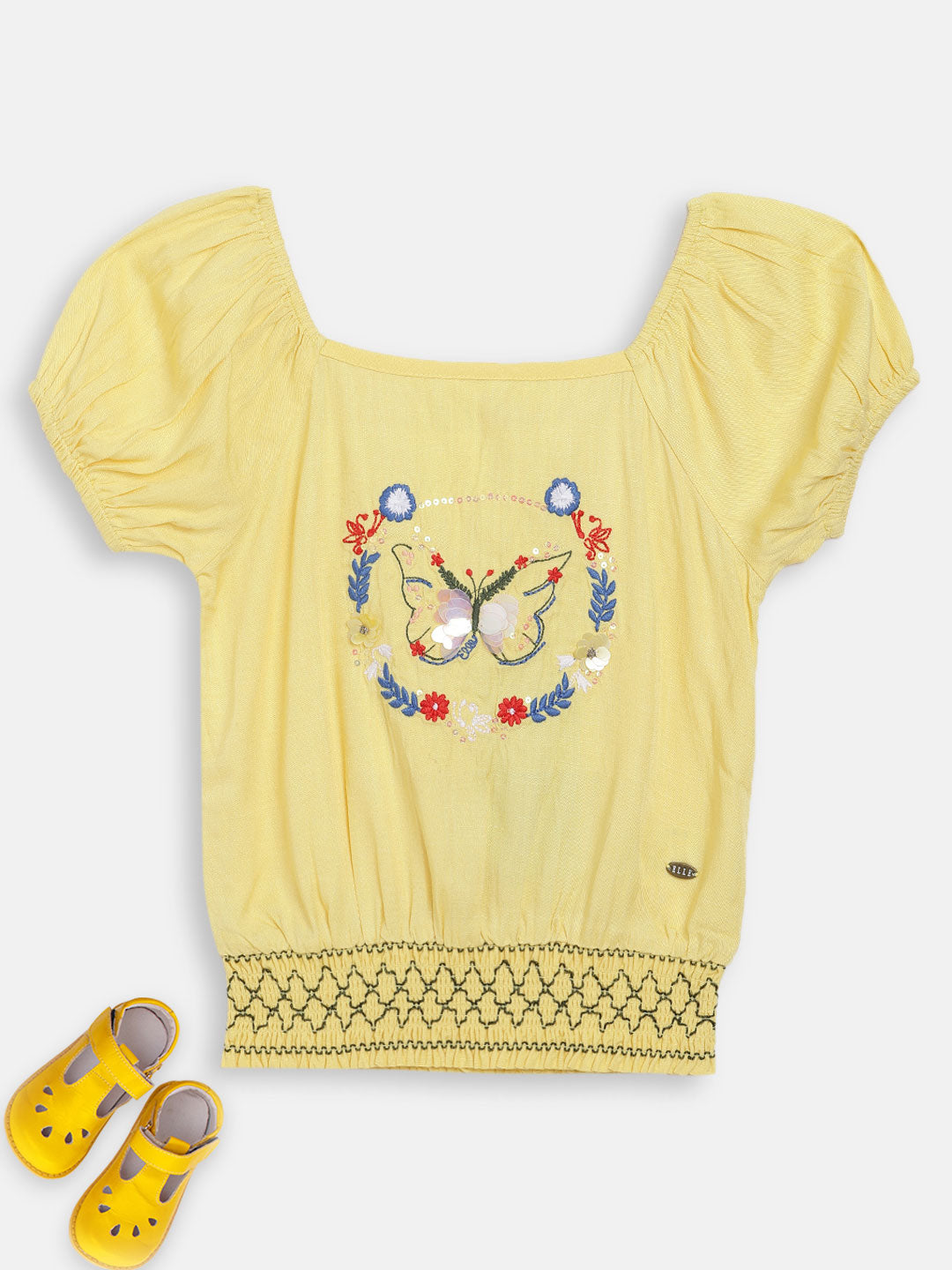 Elle Kids Girls Yellow Solid Round Neck Top