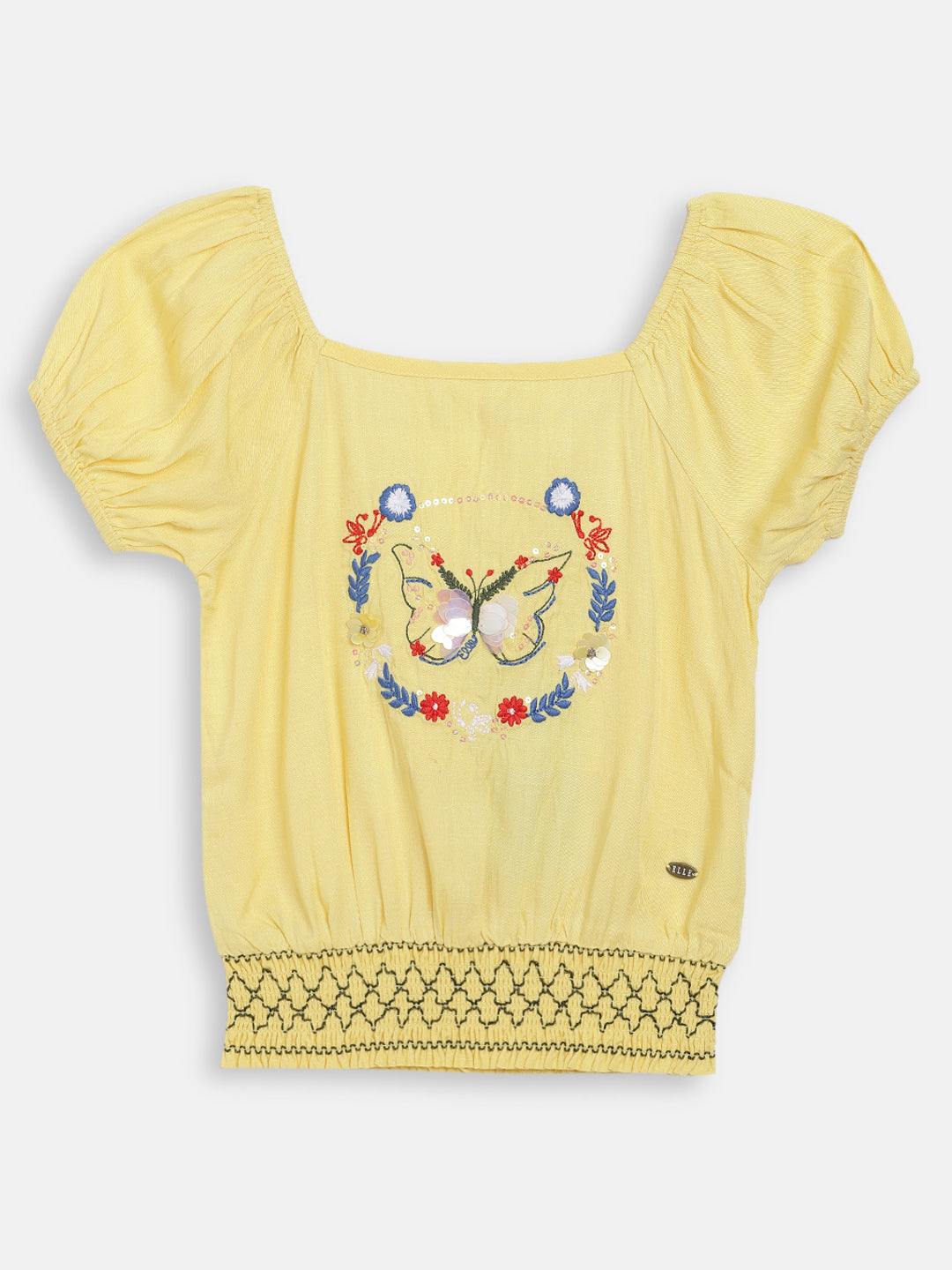 Elle Kids Girls Yellow Solid Round Neck Top