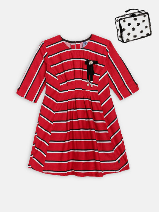 Blue Giraffe Girls Red Striped Round Neck Dress