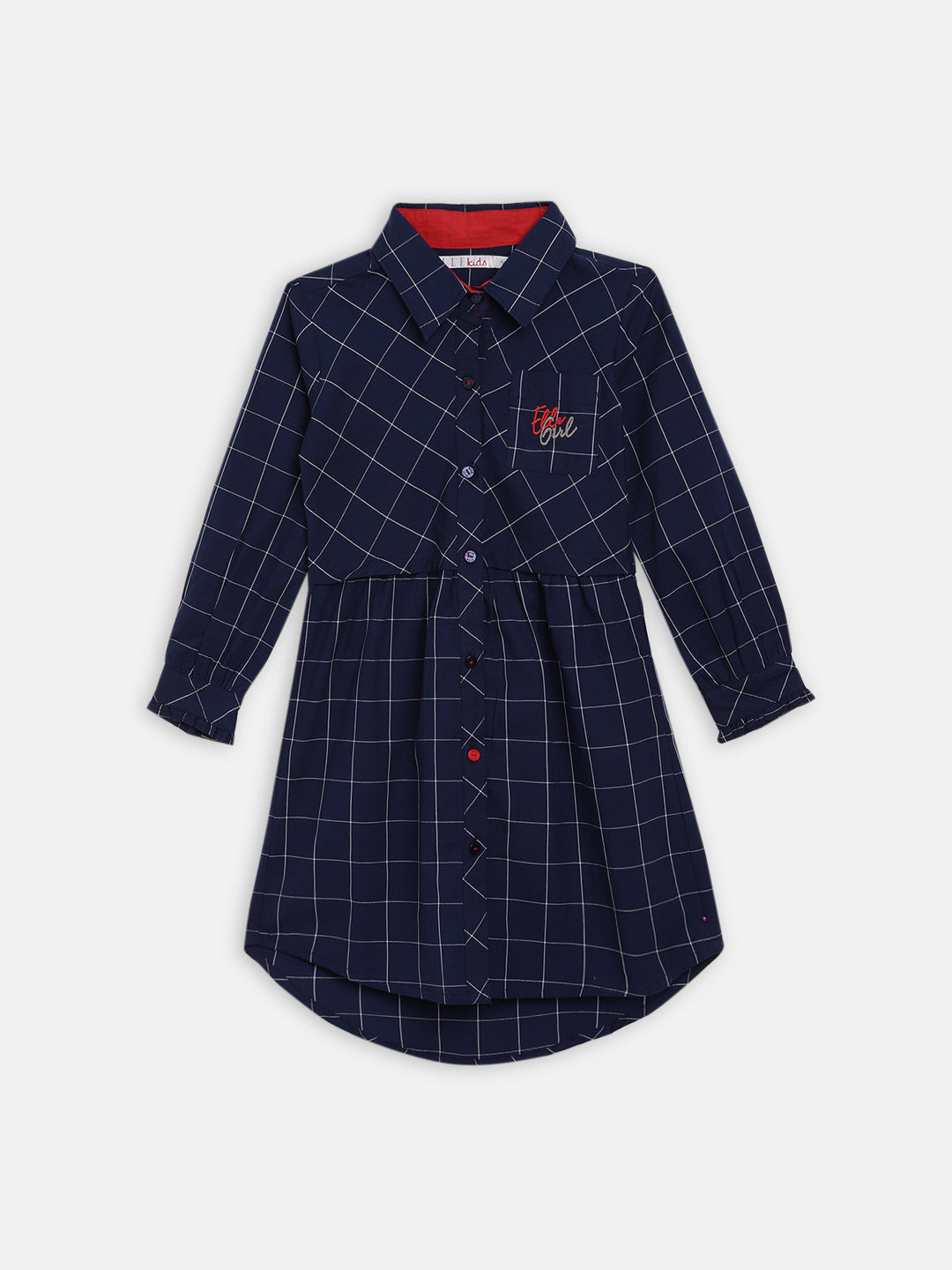 Elle Kids Girls Navy Checked Round Neck Dress