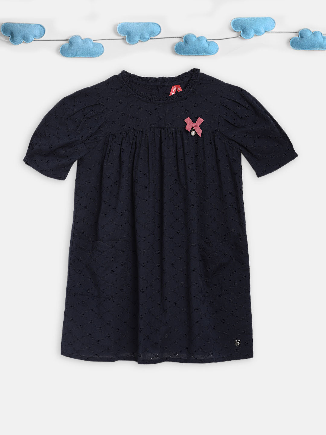 Blue Giraffe Girls Blue Embroidered Round Neck Dress