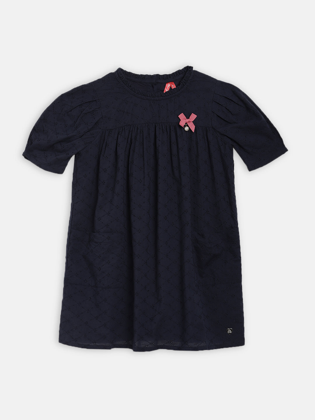 Blue Giraffe Girls Blue Embroidered Round Neck Dress