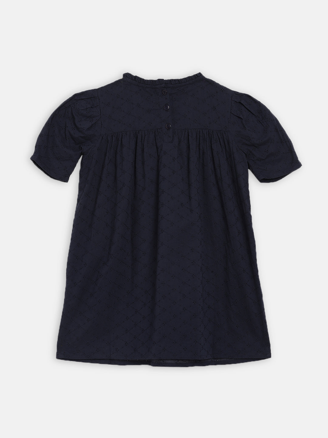 Blue Giraffe Girls Blue Embroidered Round Neck Dress