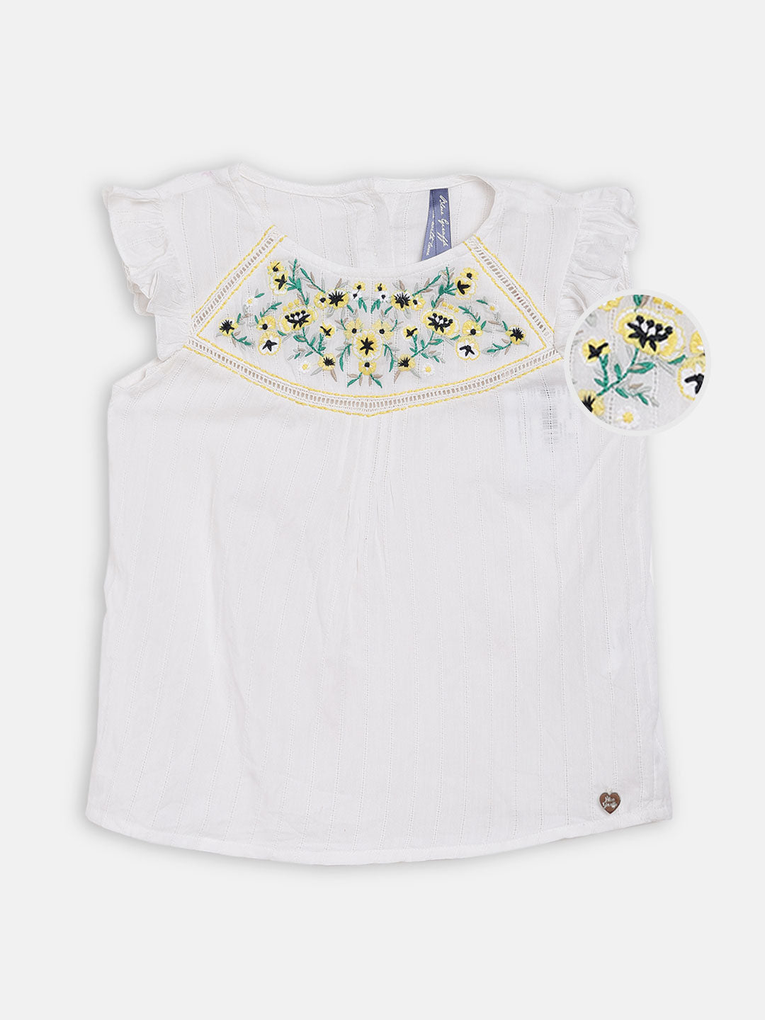 Blue Giraffe Girls White Embroidered Round Neck Top