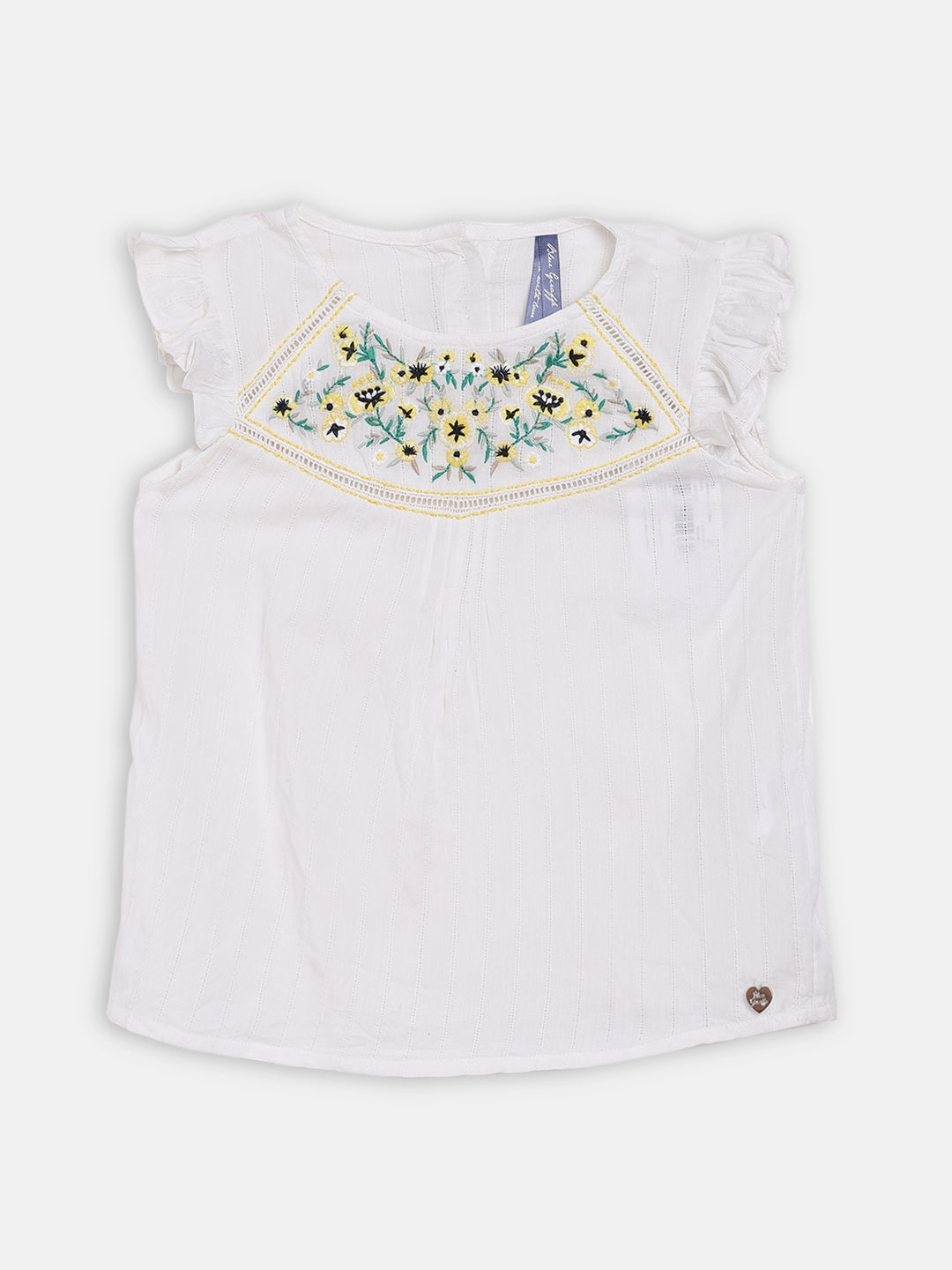 Blue Giraffe Girls White Embroidered Round Neck Top