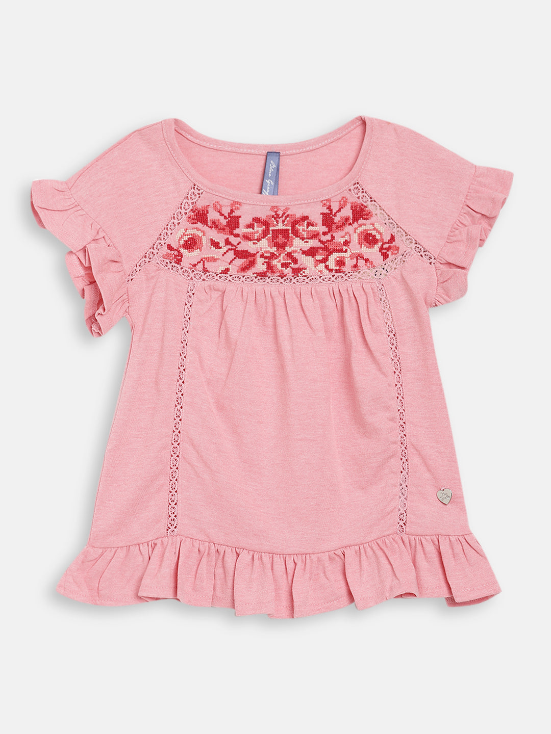 Blue Giraffe Girls Pink Embroidered Round Neck TShirt