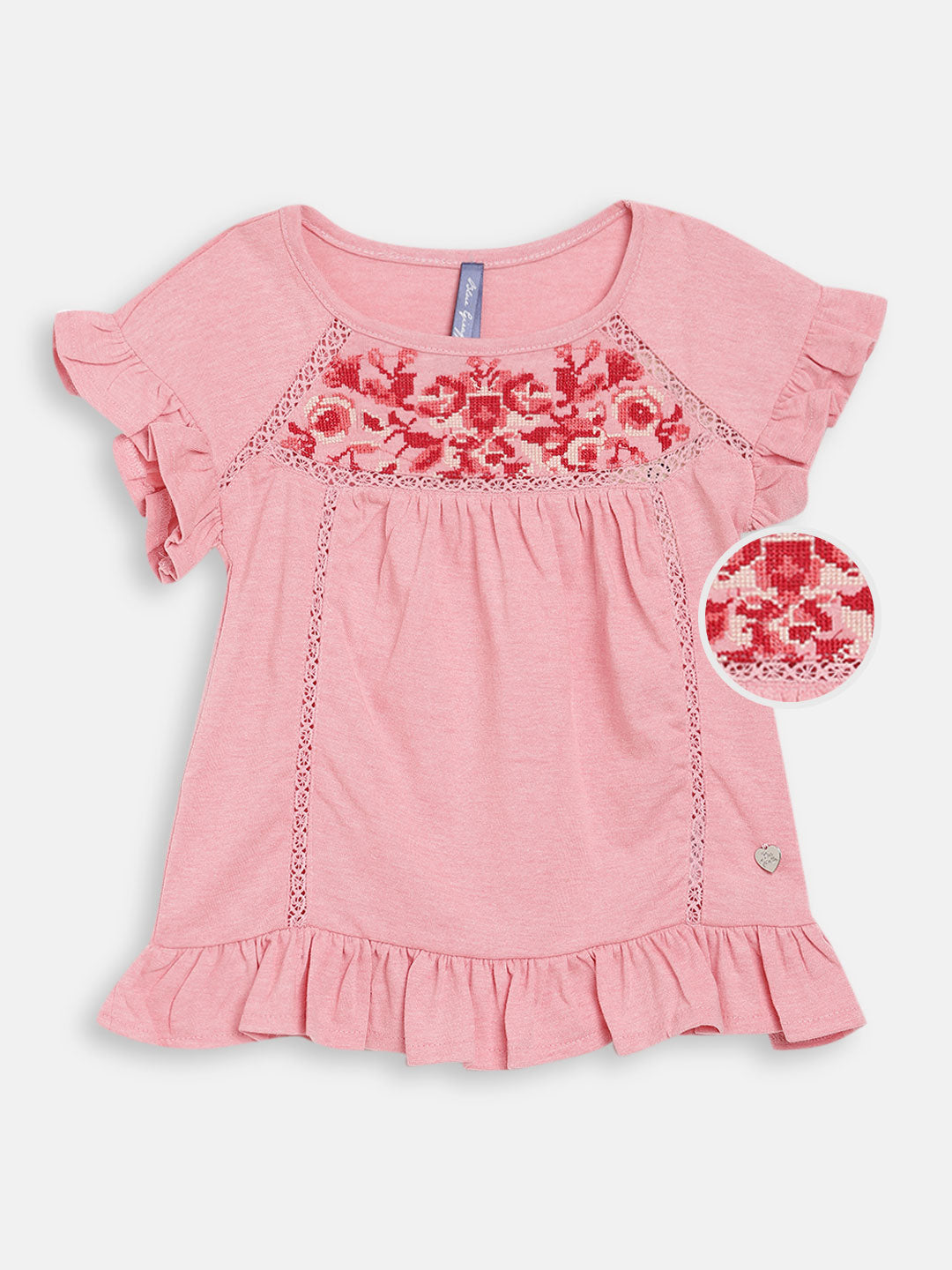 Blue Giraffe Girls Pink Embroidered Round Neck TShirt