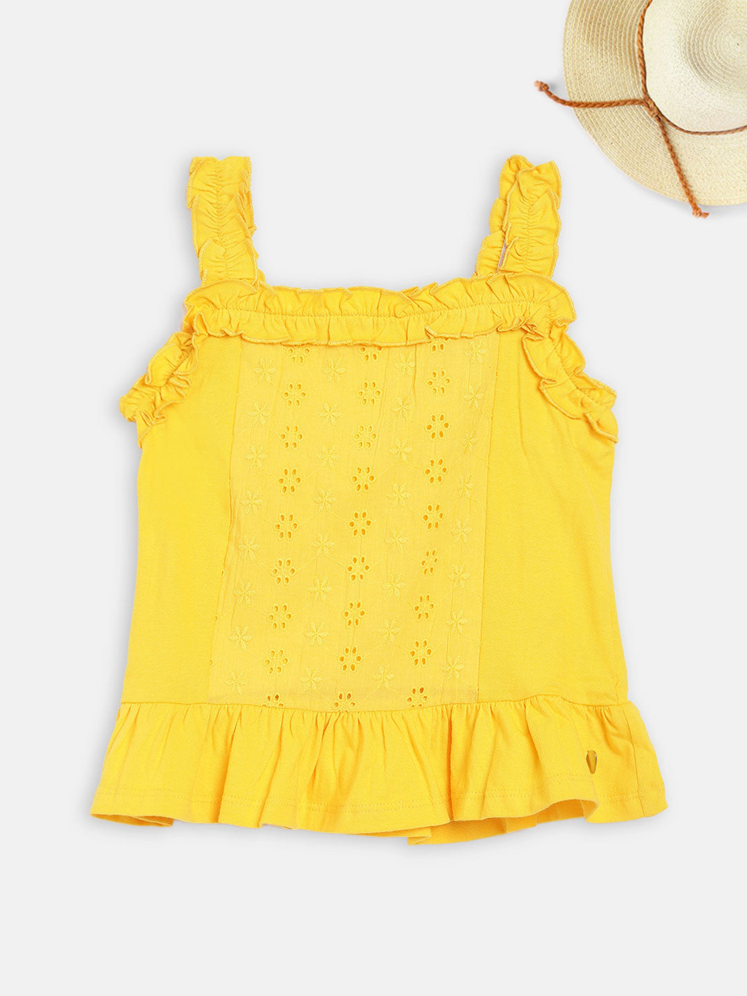 Blue Giraffe Girls Yellow Embroidered Square Neck Top