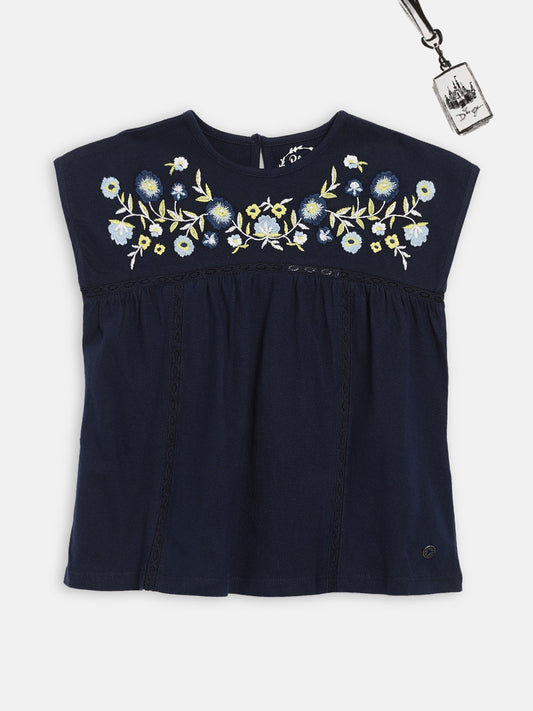 Blue Giraffe Girls Navy Embroidered Round Neck Top