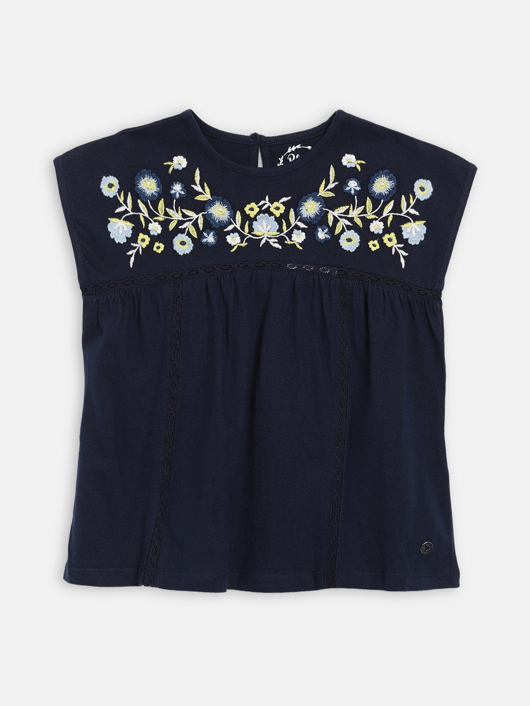 Blue Giraffe Girls Navy Embroidered Round Neck Top