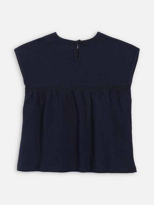 Blue Giraffe Girls Navy Embroidered Round Neck Top