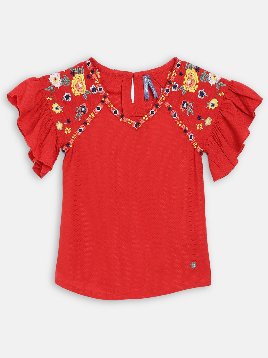 Blue Giraffe Girls Red Solid Round Neck Top