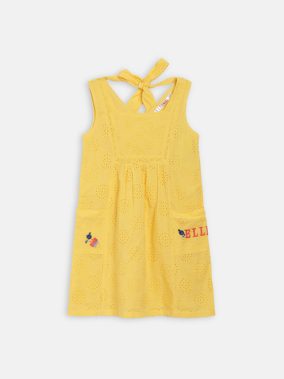 Elle Kids Girls Yellow Self - Design Round Neck Dress