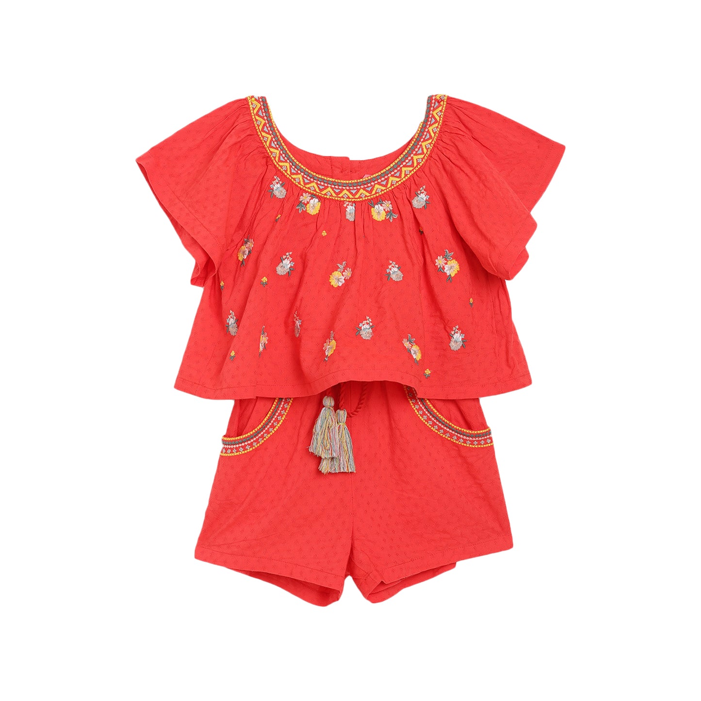 Blue Giraffe Girls Red Solid Round Neck Jumpsuit