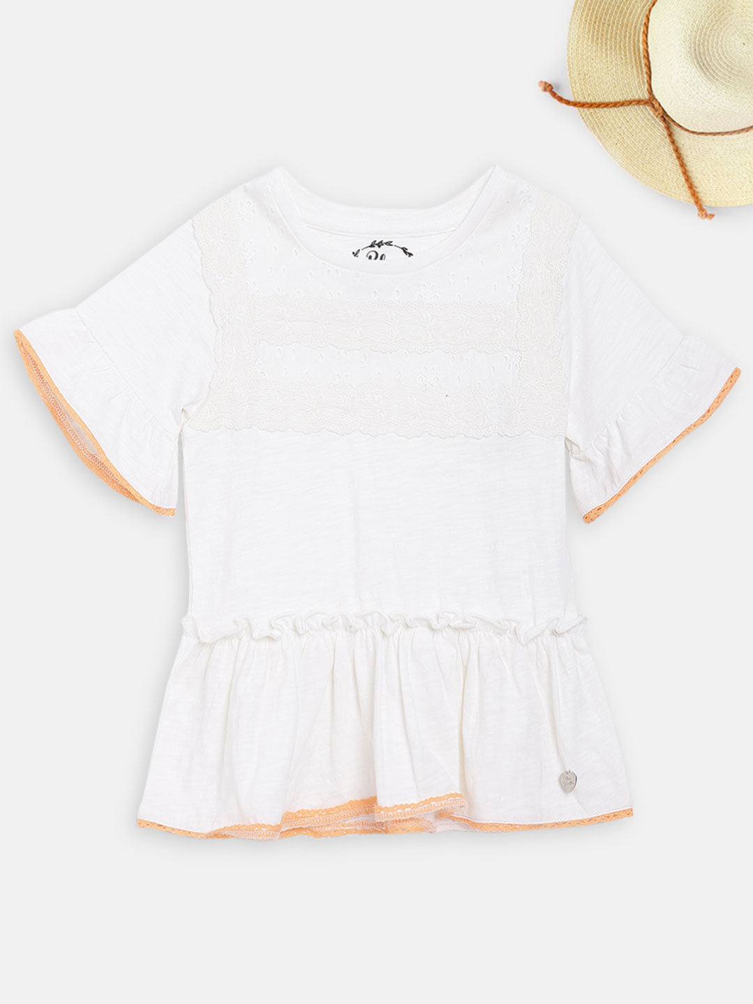 Blue Giraffe Girls White Solid Round Neck Top