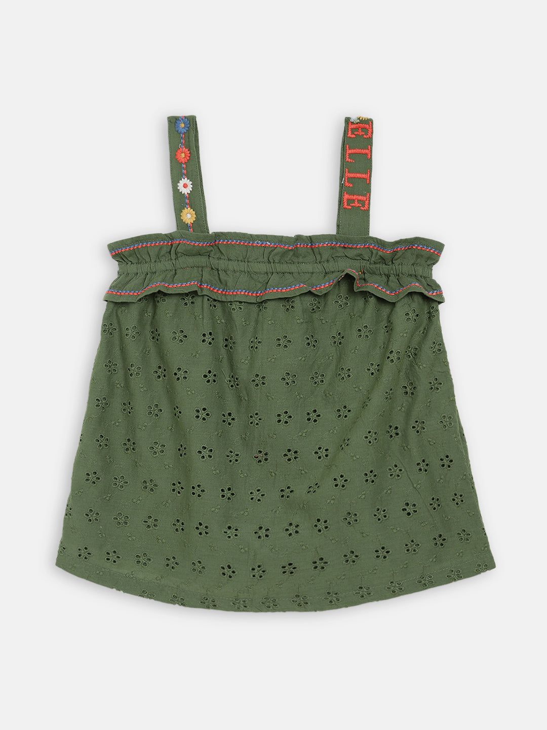 Elle Kids Girls Green Embroidered Round Neck Top