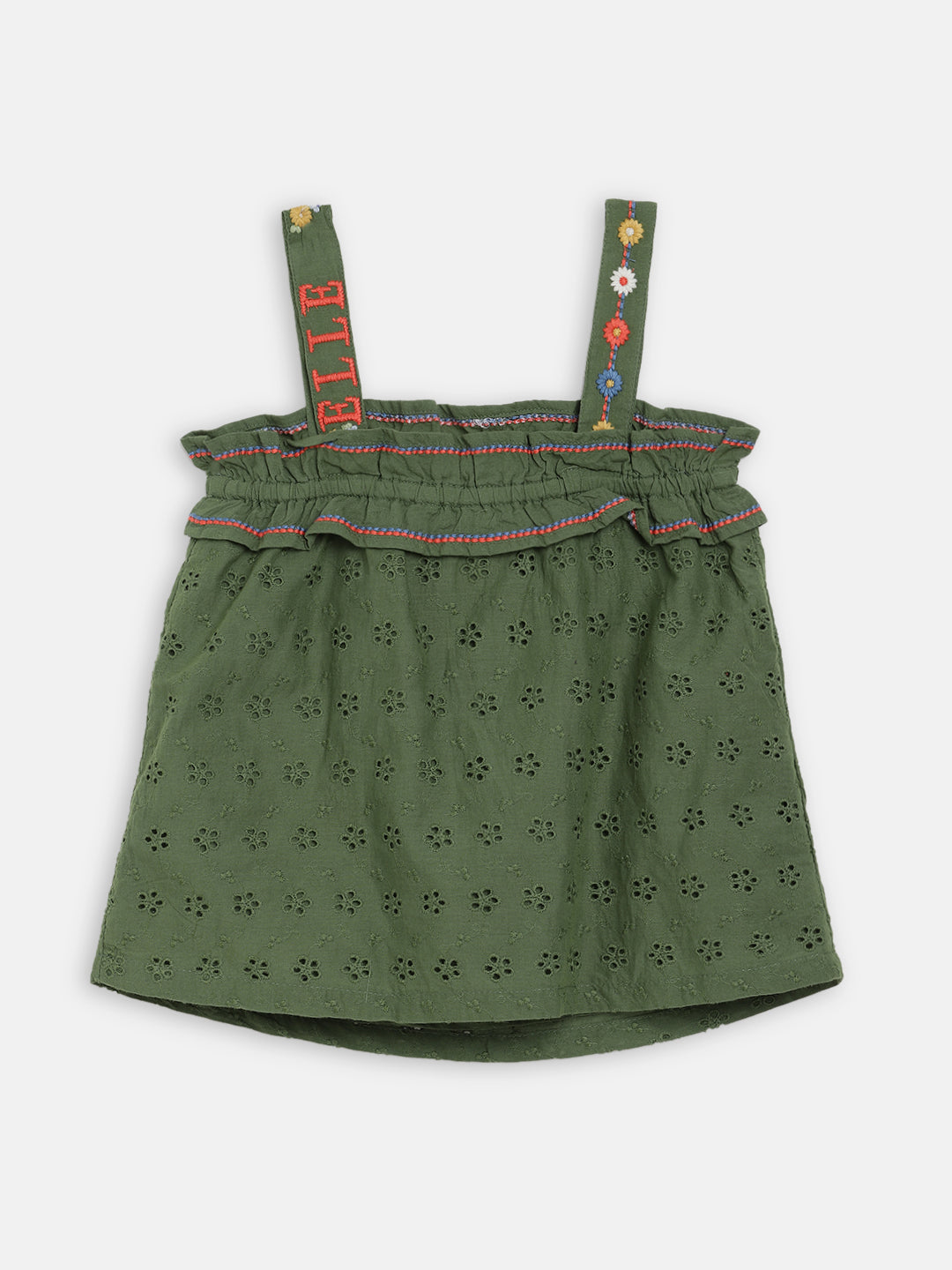 Elle Kids Girls Green Embroidered Round Neck Top