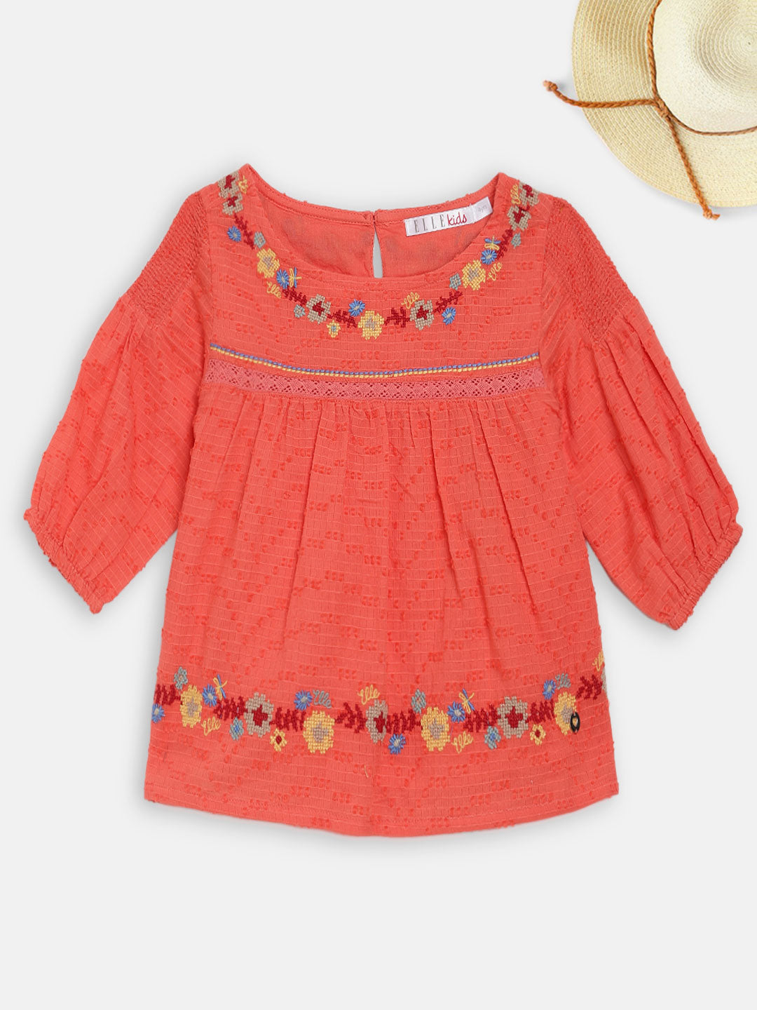 Elle Kids Girls Coral Solid Round Neck Top