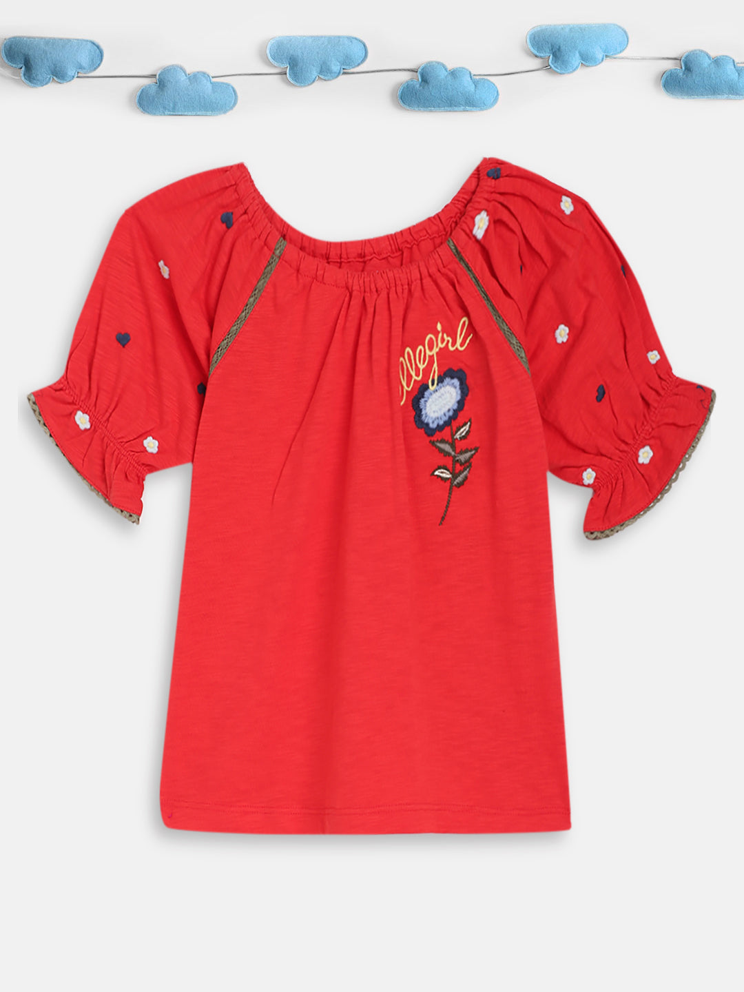 Elle Kids Girls Red Embroidered Round Neck Top