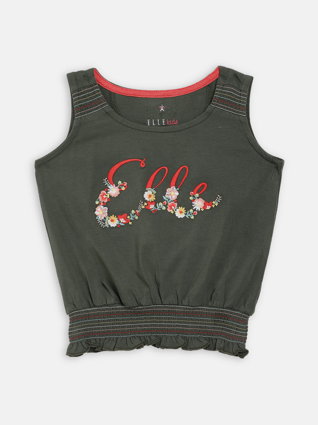 Elle Kids Girls Green Solid Round Neck TShirt