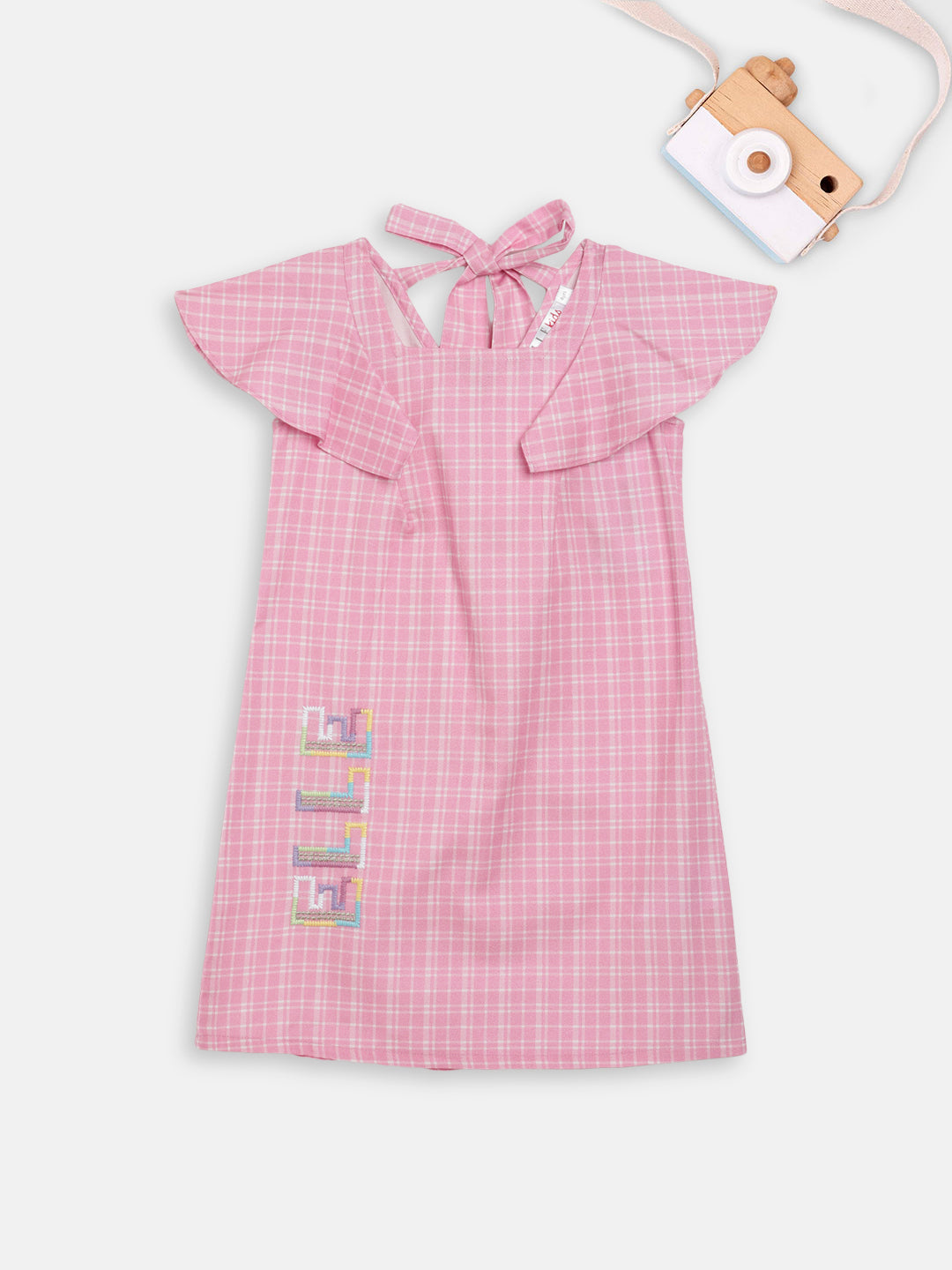 Elle Kids Girls Pink Checked Round Neck Dress