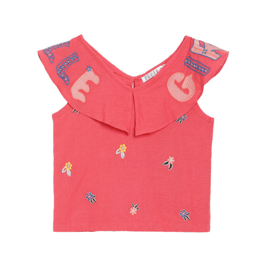 Elle Kids Girls Coral Embroidered Round Neck Top