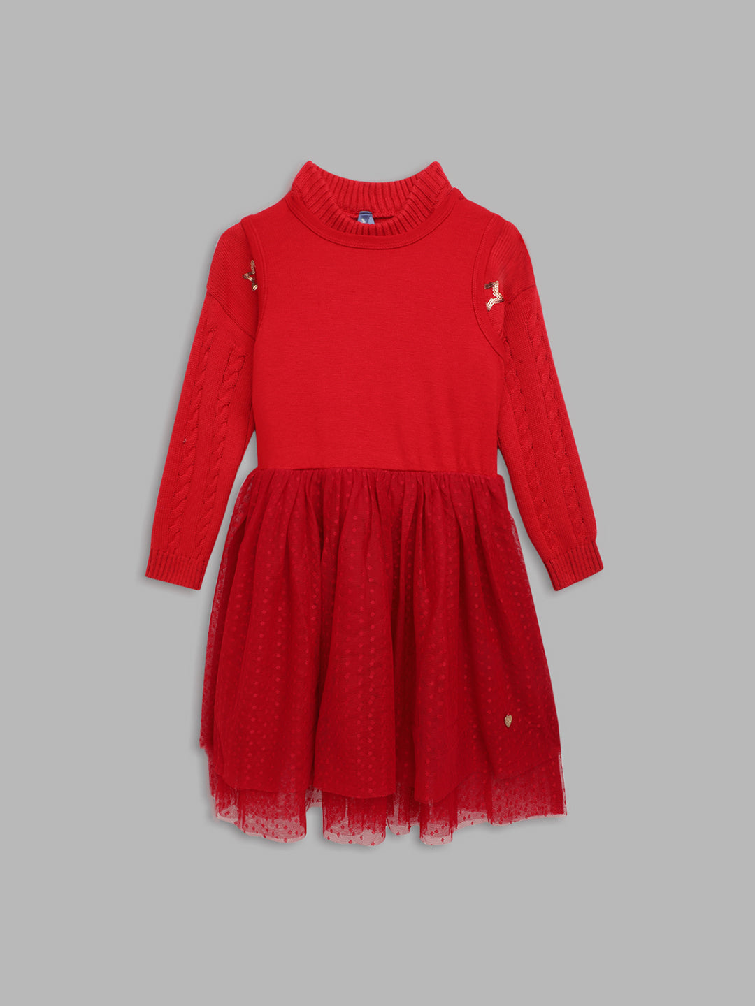 Blue Giraffe Girls Red Solid Round Neck Winter Dress