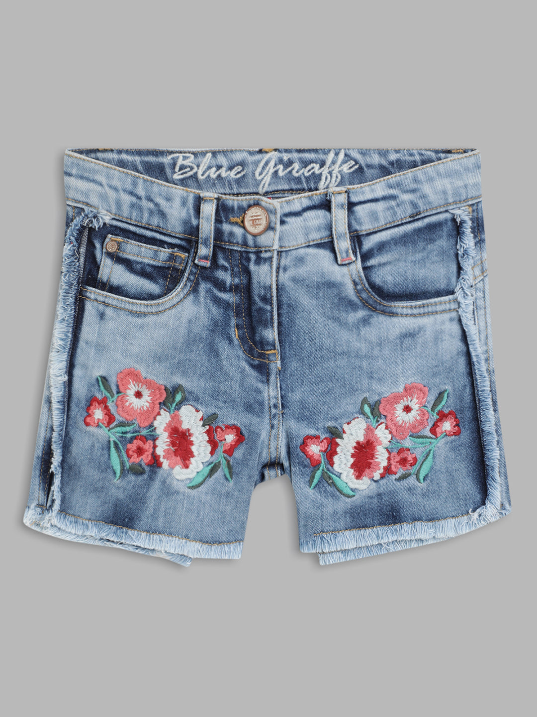 Blue Giraffe Girls Blue Embroidered Regular Fit Shorts