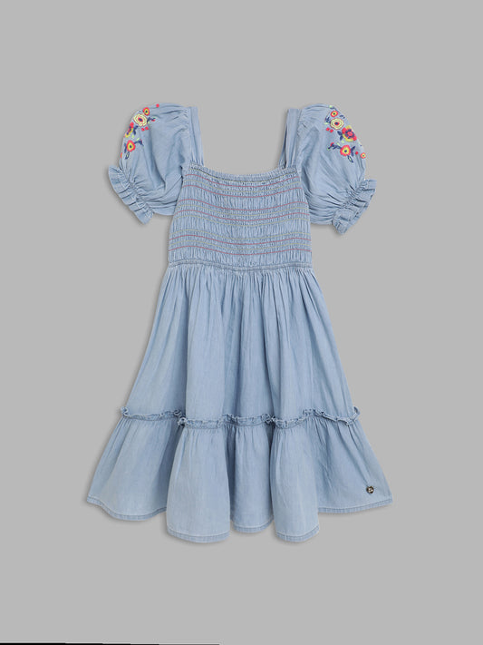 Blue Giraffe Girls Blue Solid Square Neck Dress