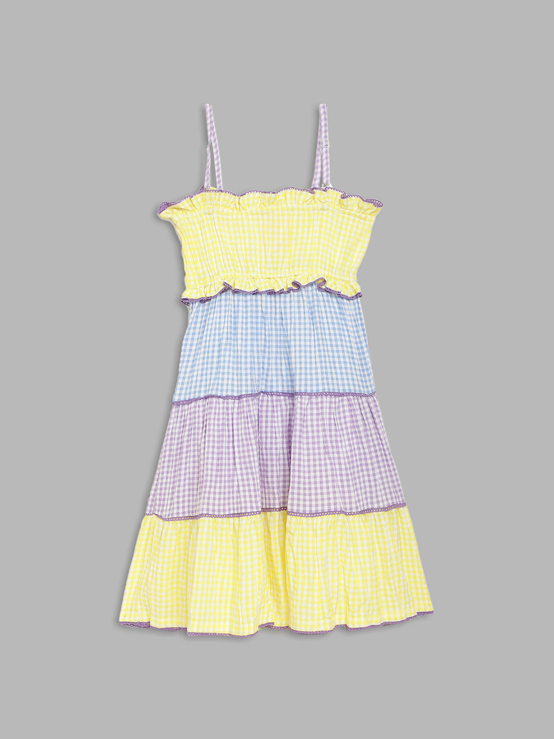 Blue Giraffe Girls Multi Checked Square Neck Dress