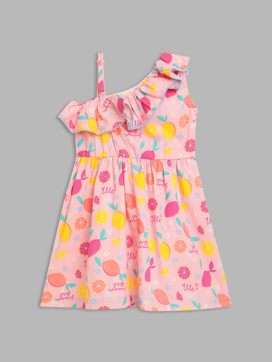 Elle Kids Girls Pink Printed Assymetrical Neck Dress