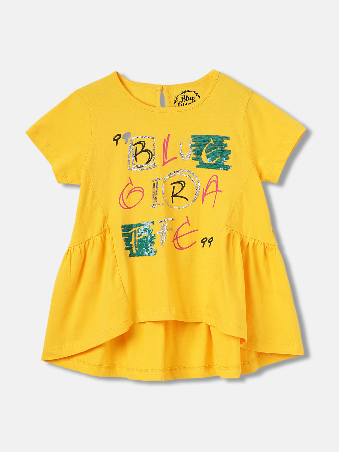 Blue Giraffe Girls Yellow Printed Round Neck Dress