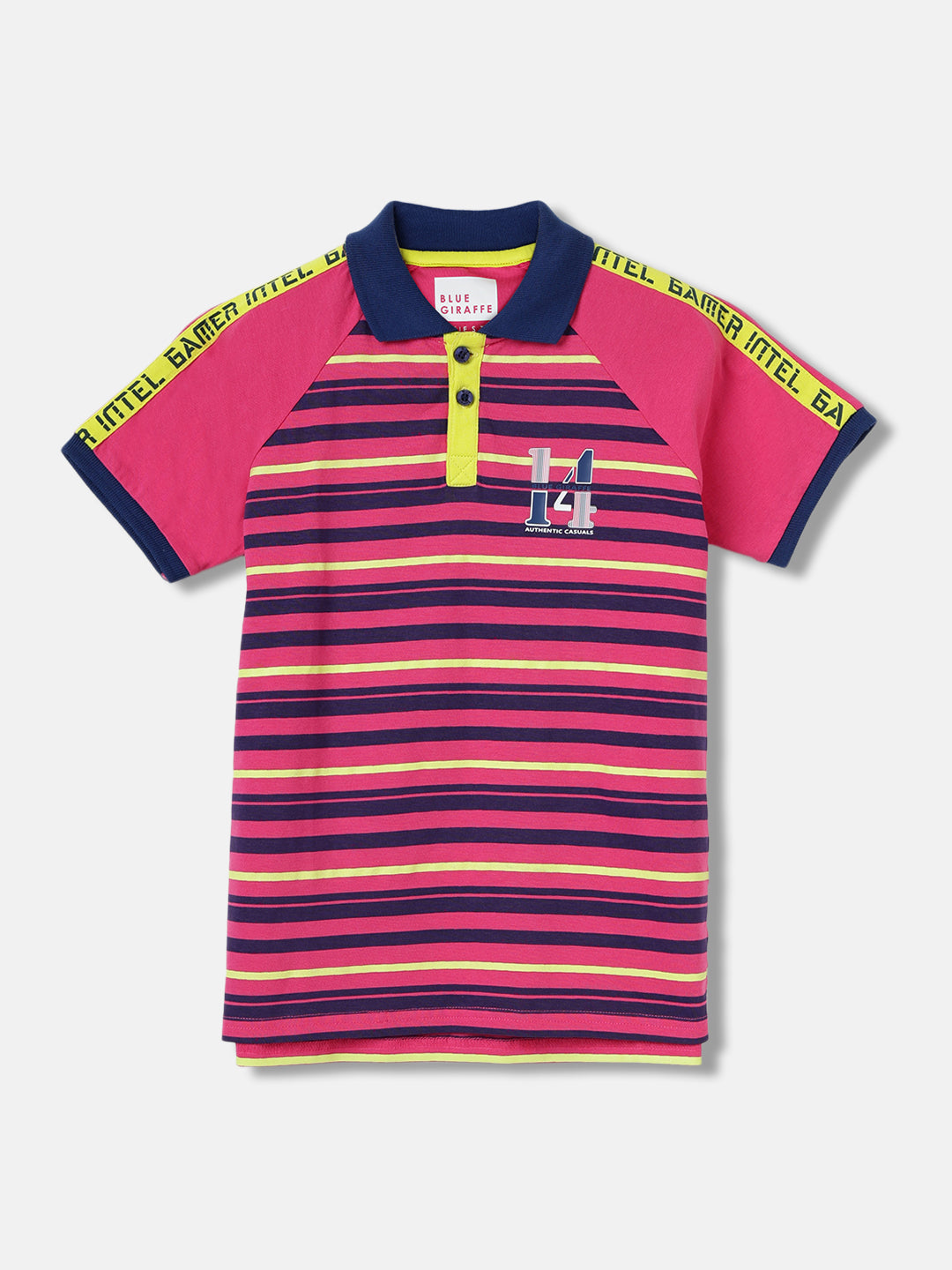 Blue Giraffe Kids Pink, Lime & Navy Striped Regular Fit Polo T-Shirt