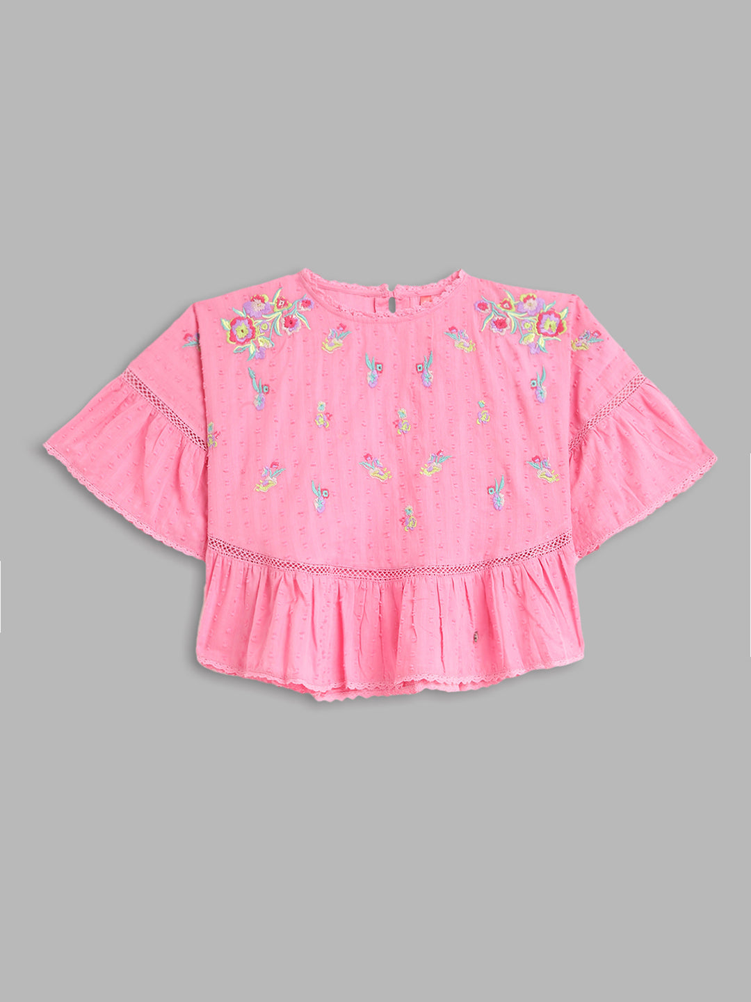 Blue Giraffe Girls Pink Embroidered Round Neck Top