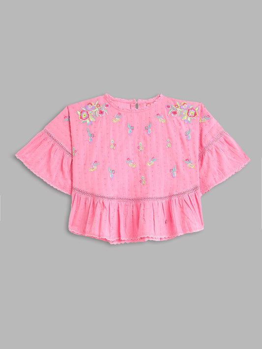 Blue Giraffe Girls Pink Embroidered Round Neck Top