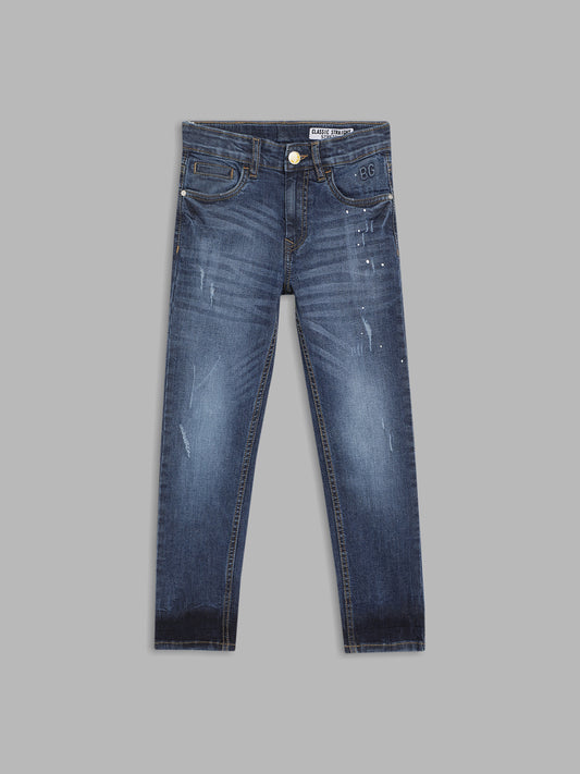 Blue Giraffe Boys Blue Solid Straight Fit Jeans