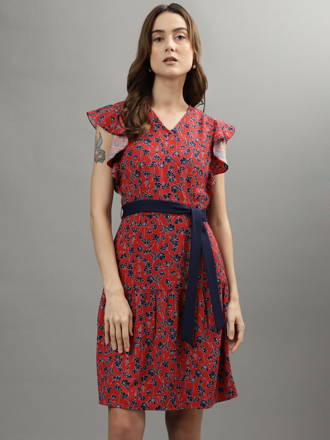 Iconic Women Red Printed V Neck Dress