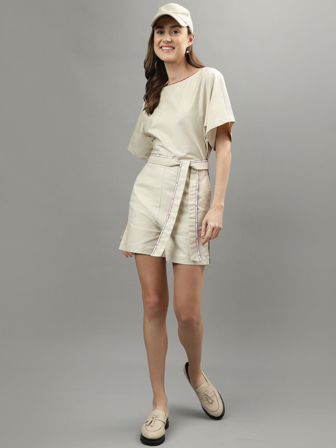 Iconic Women Beige Solid Round Neck Playsuit