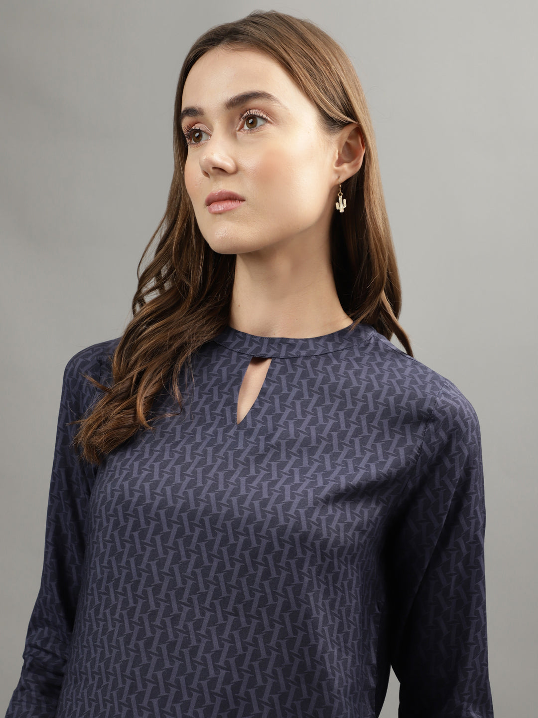 Iconic Women Navy Blue Printed Band Collar Top