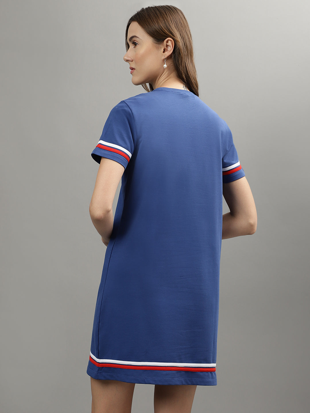 Iconic Women Navy Colour blocked Round Neck Dress