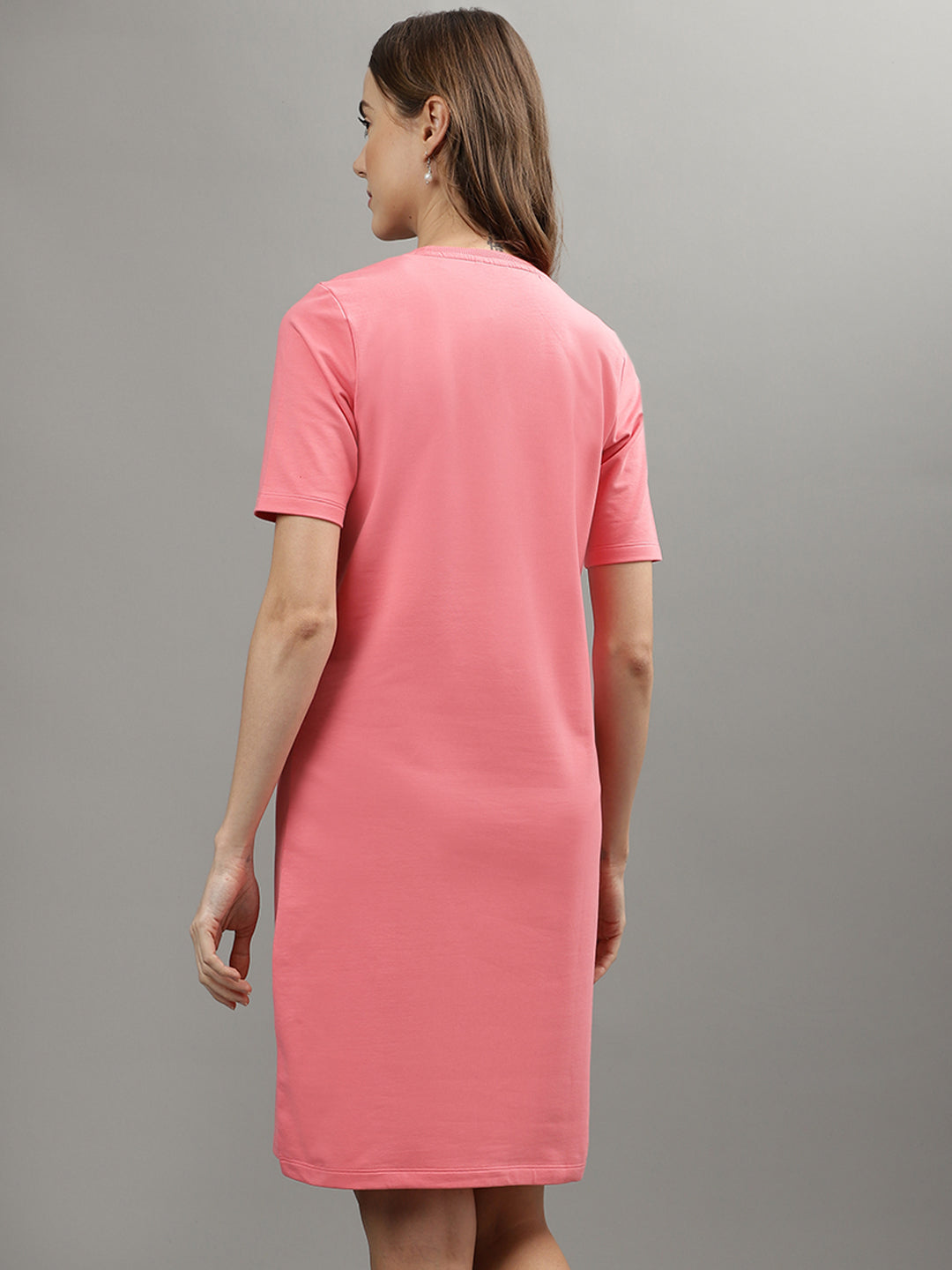 Iconic Women Coral Solid Round Neck Dress