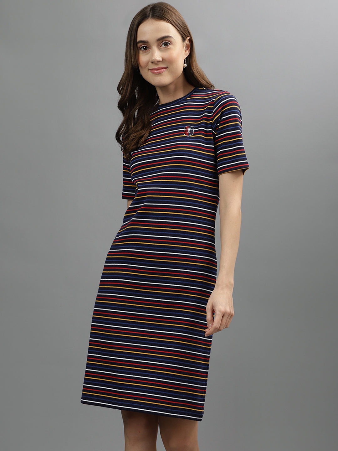 Iconic Women Multi Striped Round Neck Dress