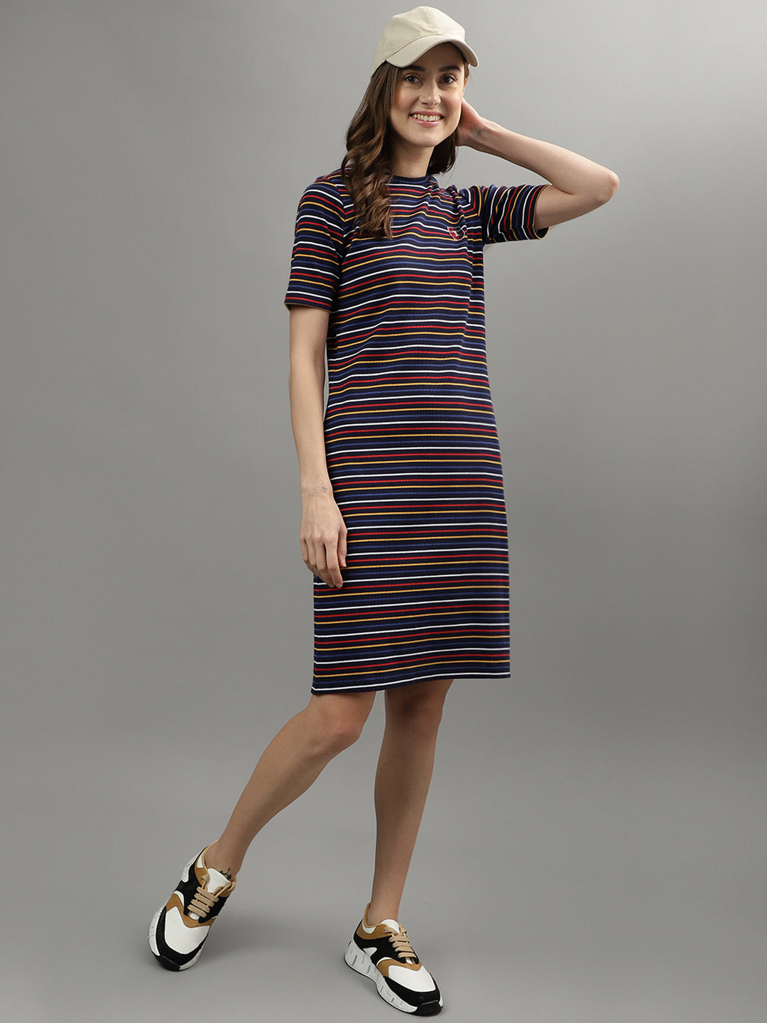 Iconic Women Multi Striped Round Neck Dress