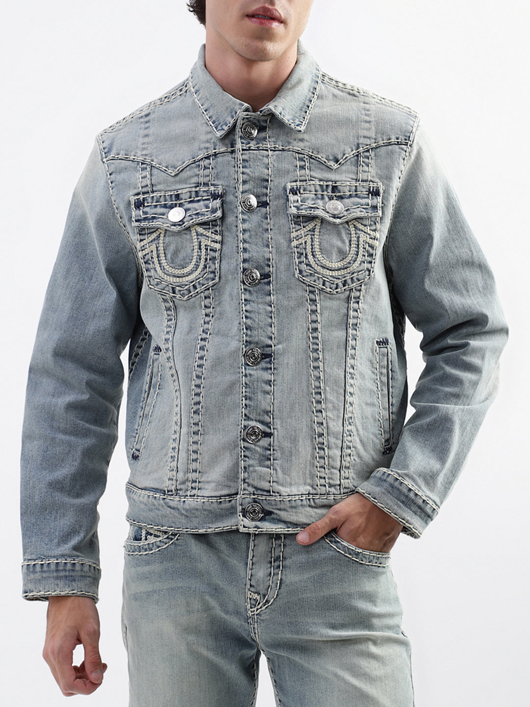 True Religion Men Blue Solid Collar Jacket