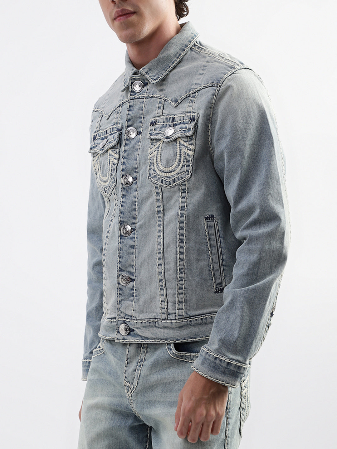 True Religion Men Blue Solid Collar Jacket