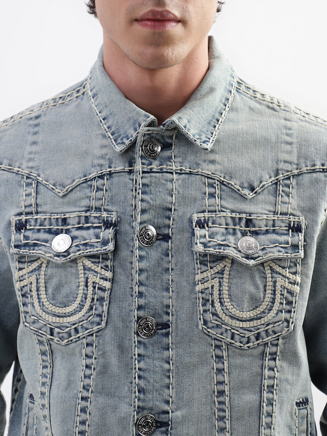 True Religion Men Blue Solid Collar Jacket