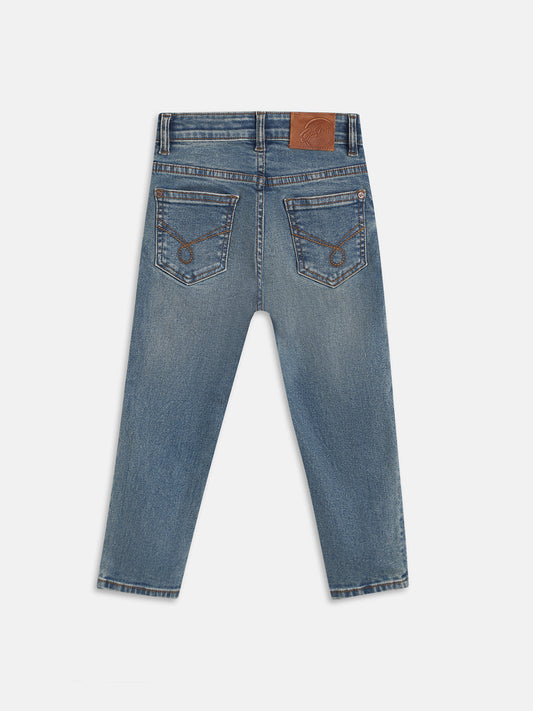 Blue Giraffe Boys Blue Solid Carrot Fit Jeans